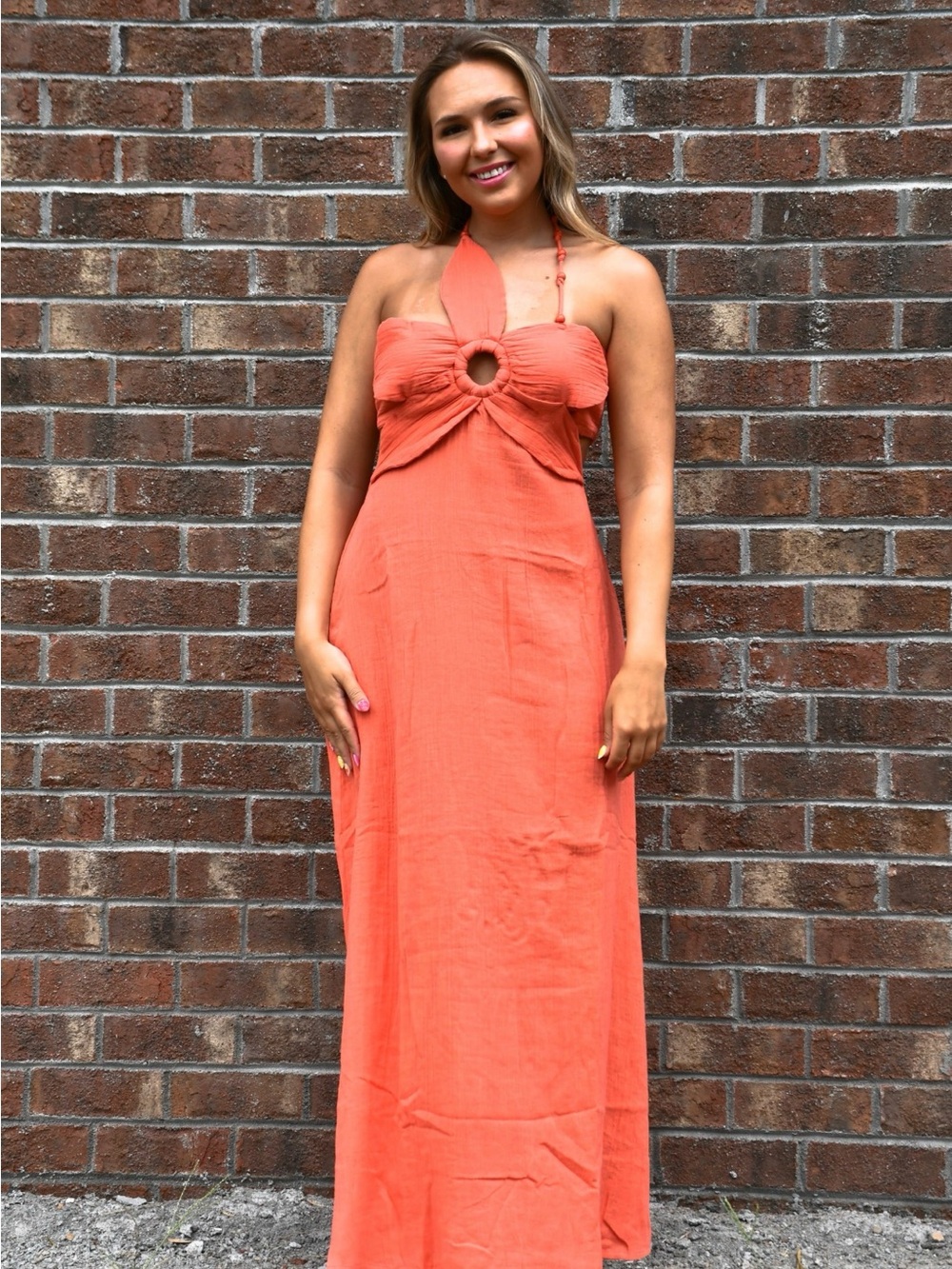 Women's Coral Halter Maxi Dress with Front Ring Detail